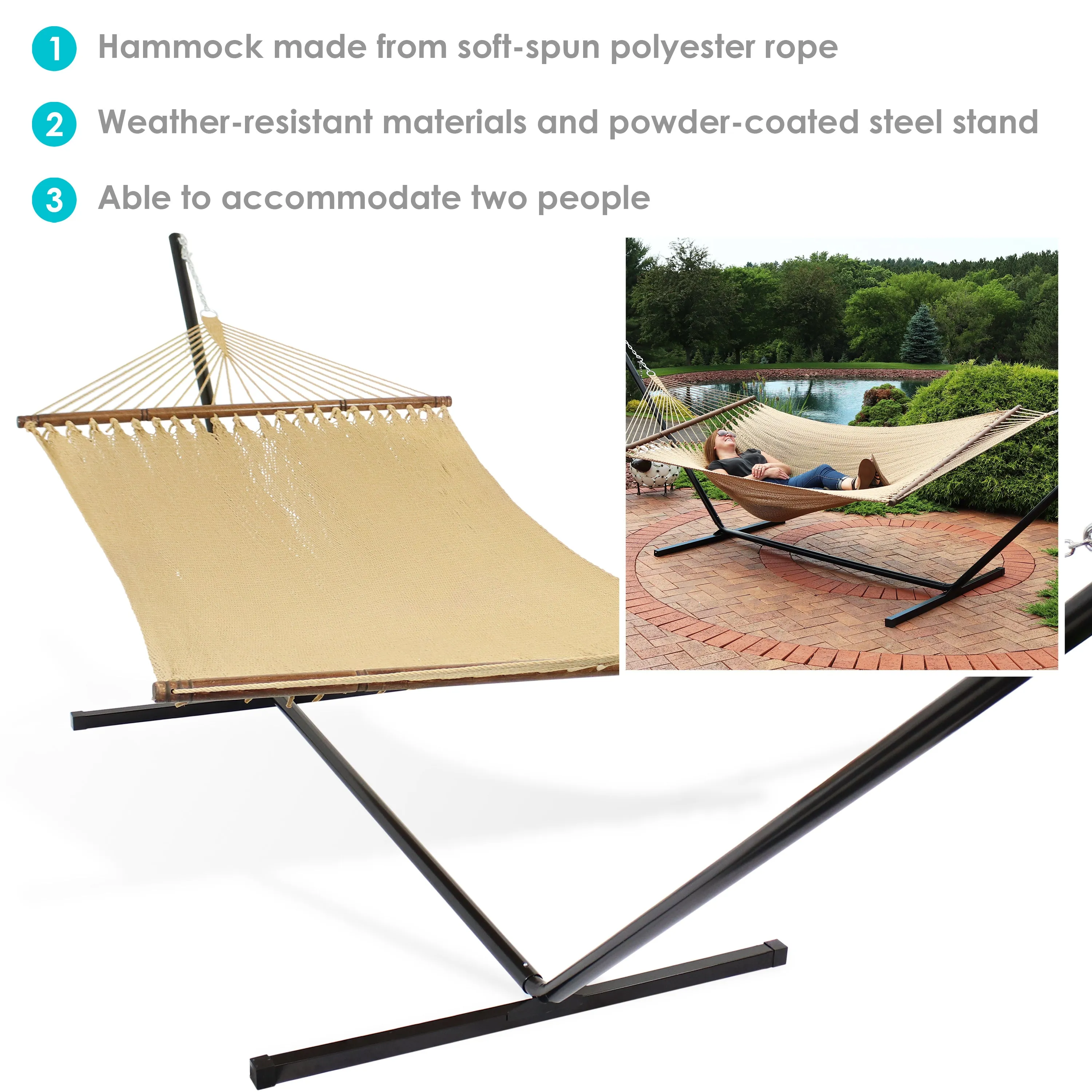 Sunnydaze 2-Person Soft-Spun Polyester Rope Hammock with Stand