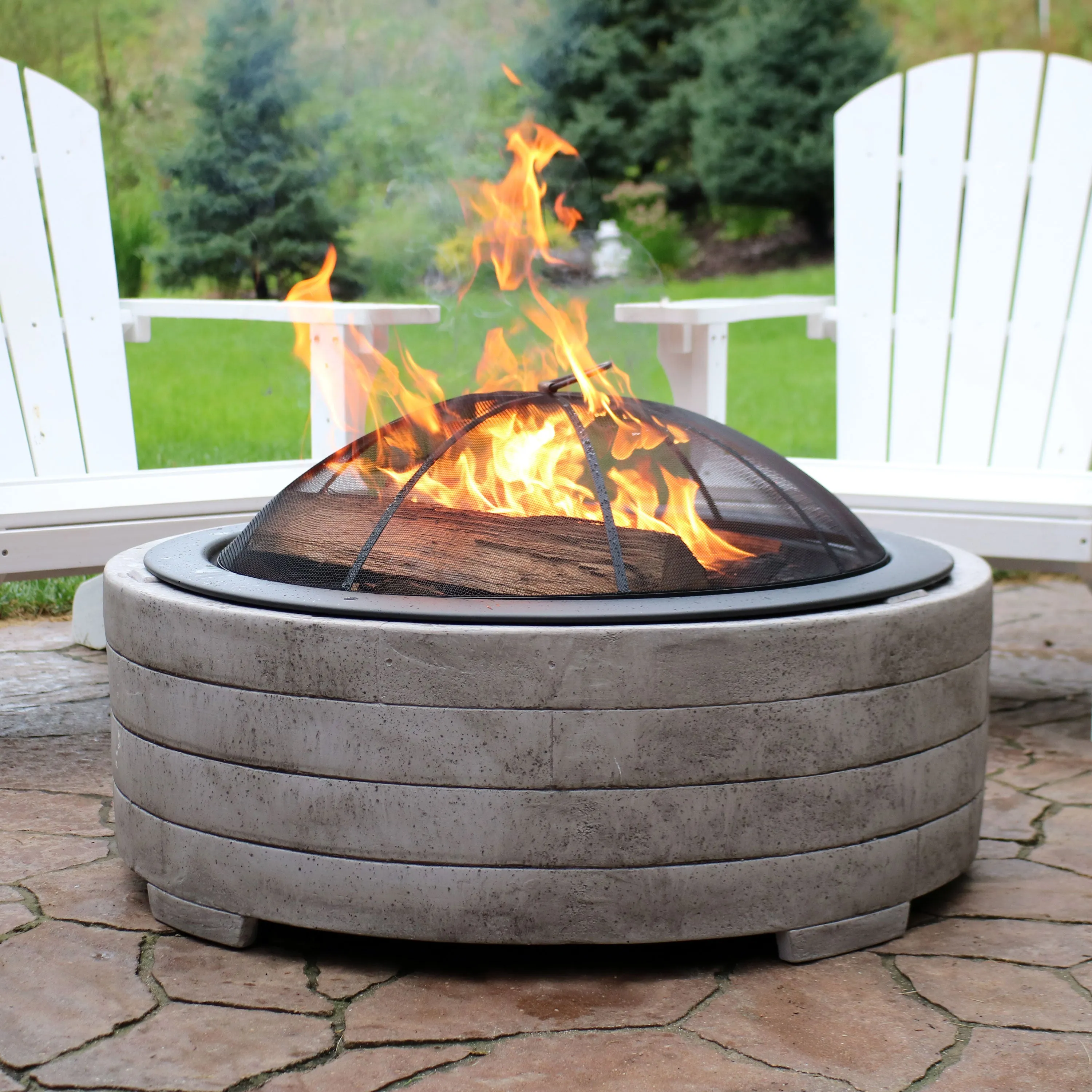 Sunnydaze Faux Stone Fire Pit Ring with Spark Screen - 35" Diameter