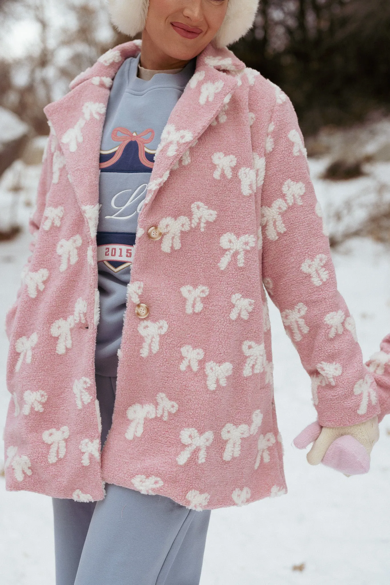 Teddy Coat in Pink Bow Print