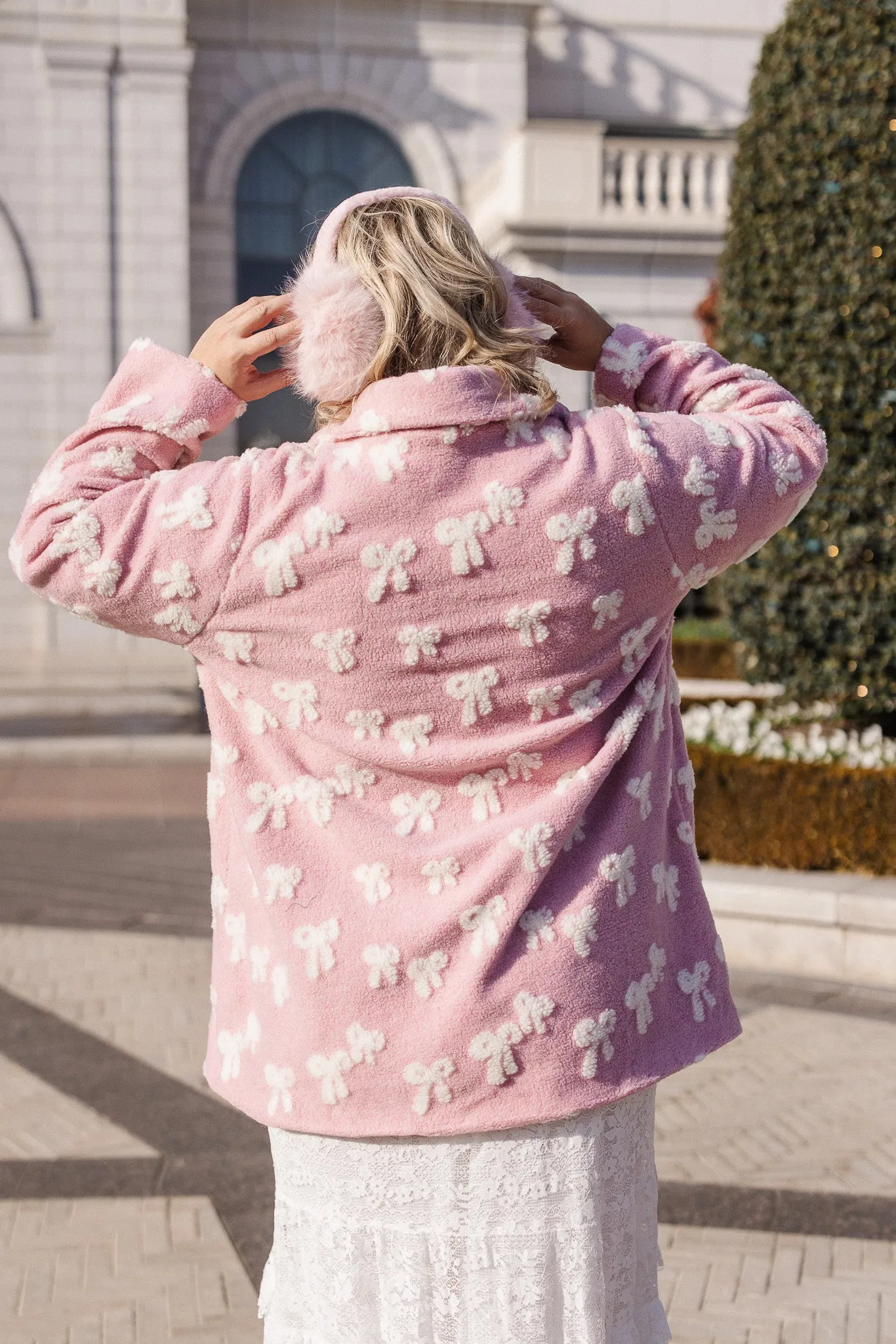 Teddy Coat in Pink Bow Print