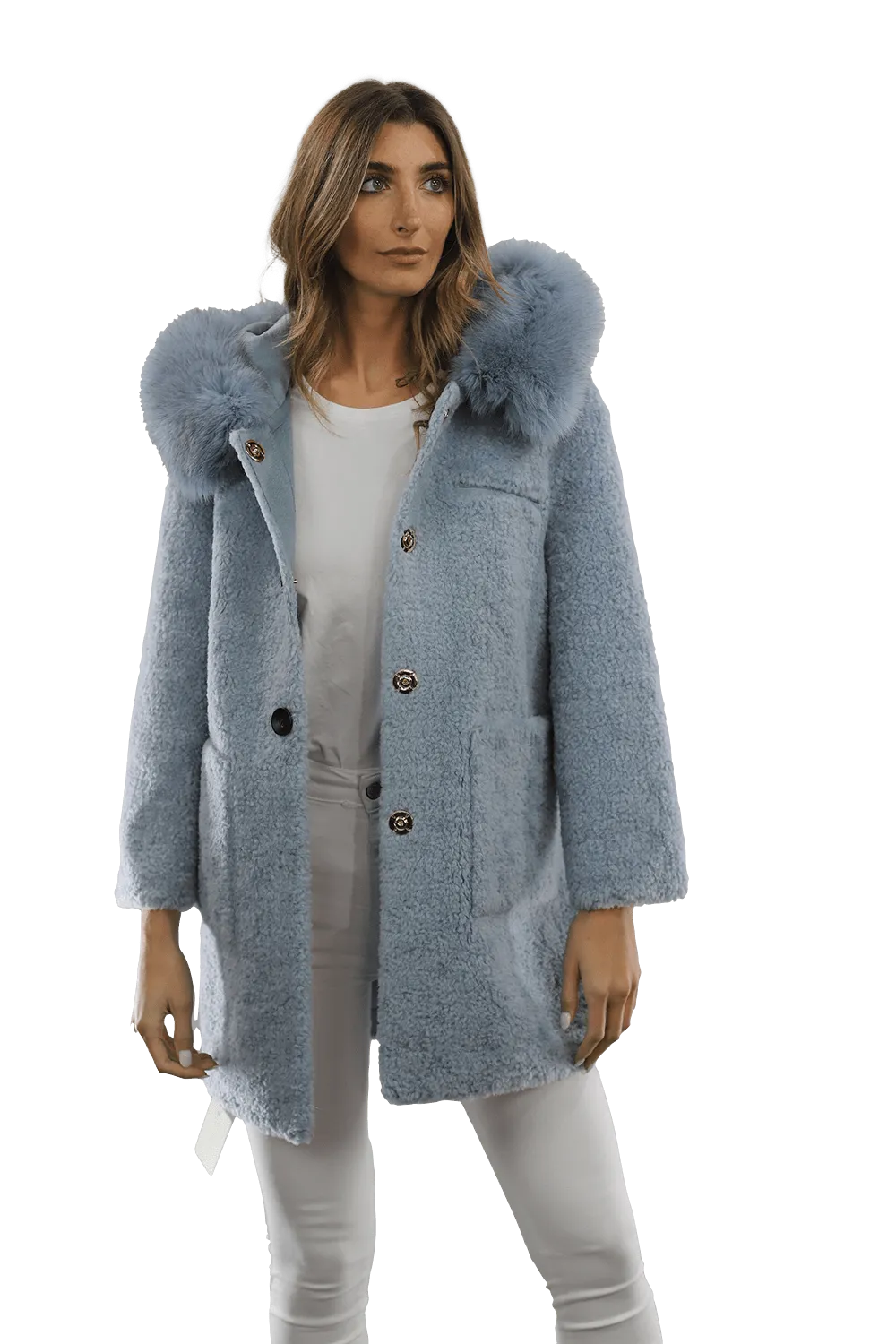 Teddy Coat with Fox Trim Hood - BLUE