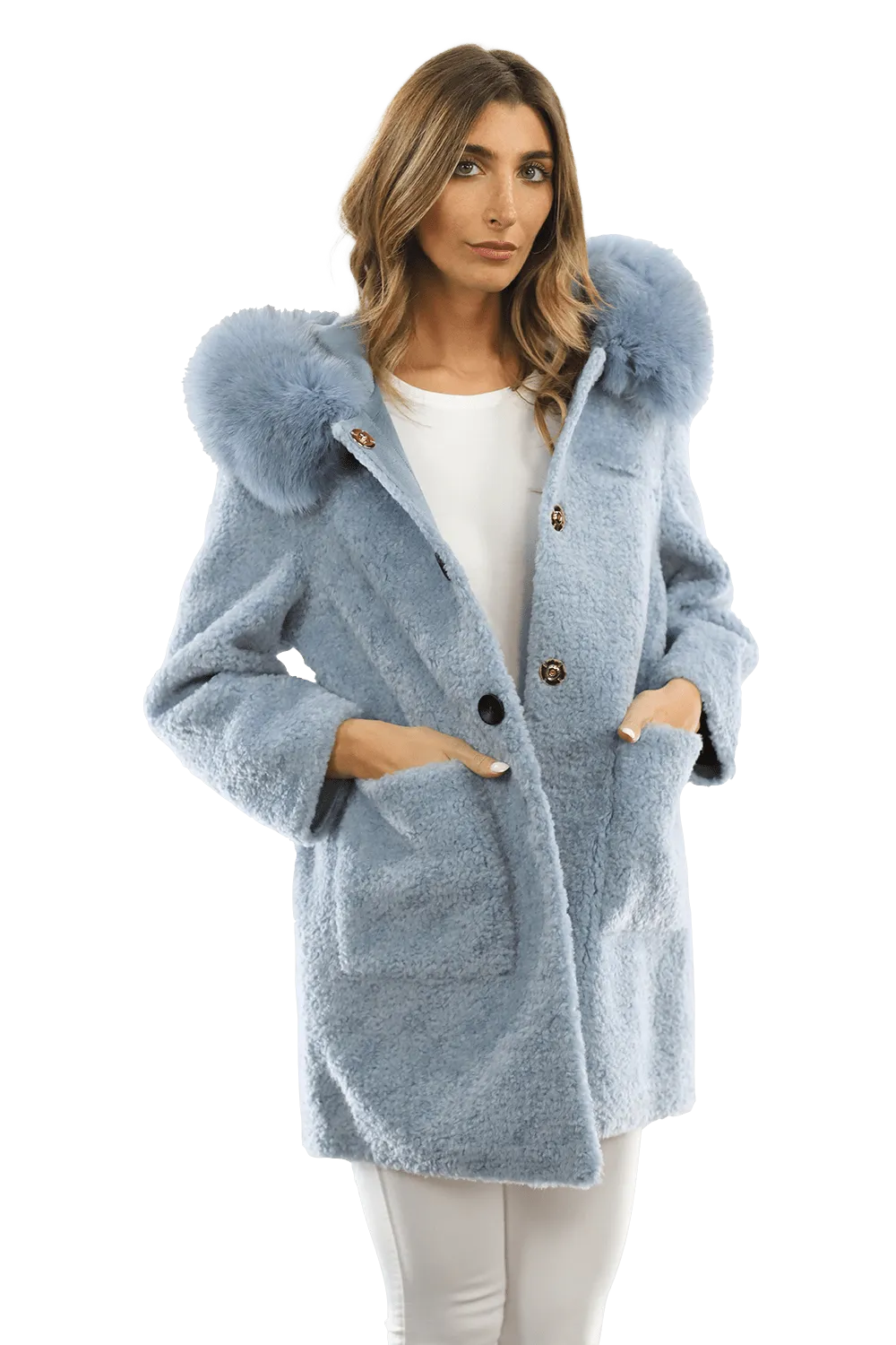 Teddy Coat with Fox Trim Hood - BLUE