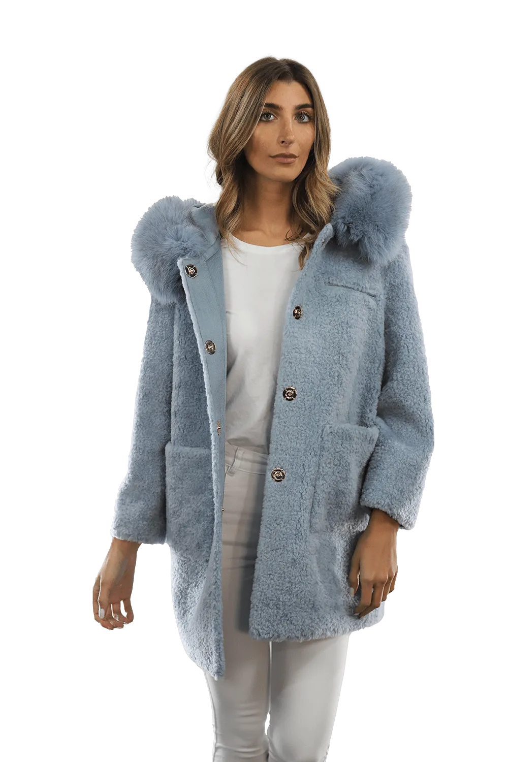 Teddy Coat with Fox Trim Hood - BLUE