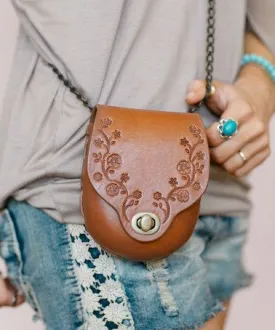 Tooled Leather Crossbody Purse "Daisy Chain" Brown Handcrafted Genuine Cowhide Saddle Bag Style With Bronze Chain By Karen Kell