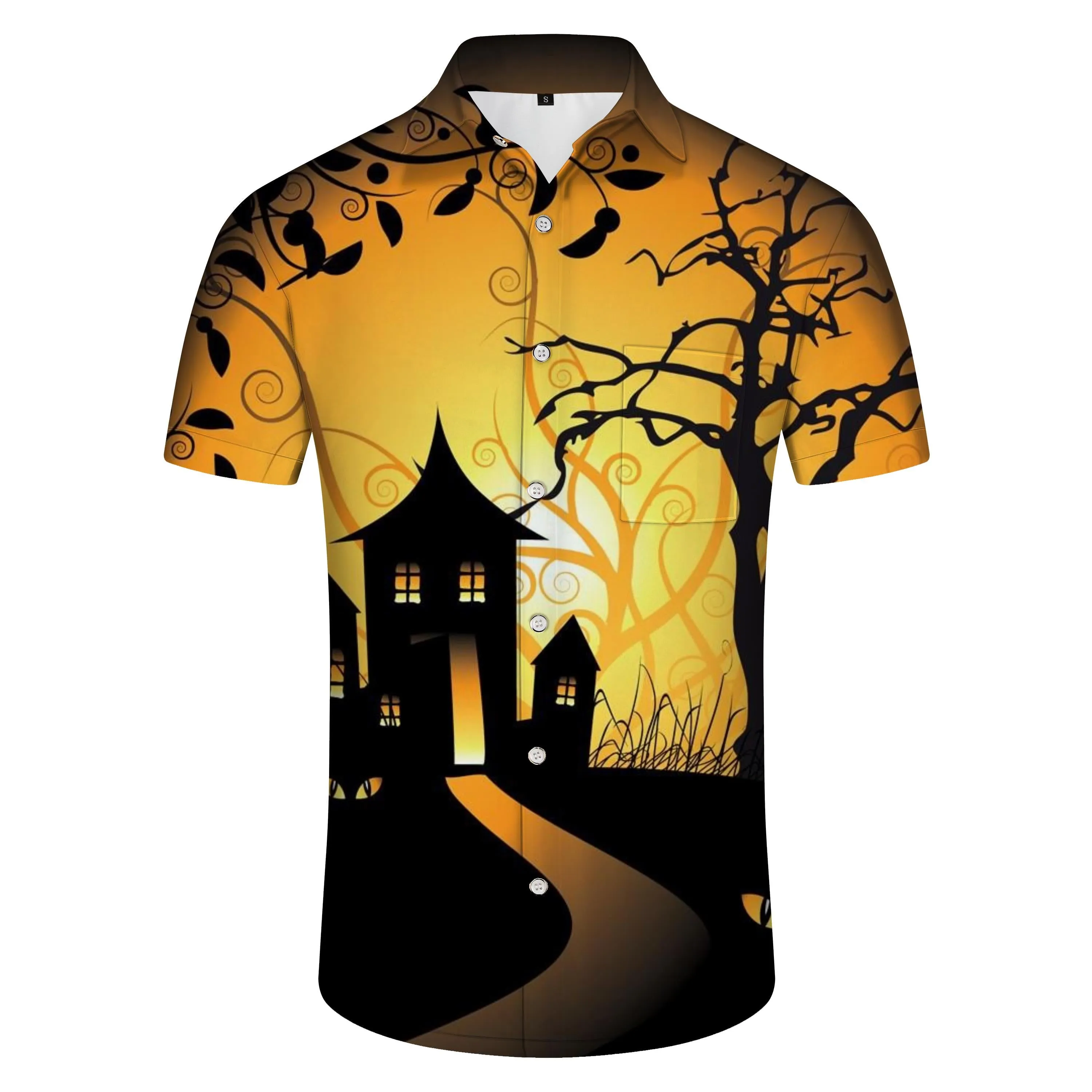 Vintage Black House and Trees Halloween Pattern Costume Lapel Short Sleeve Shirt Casual Button Down Hawaiian