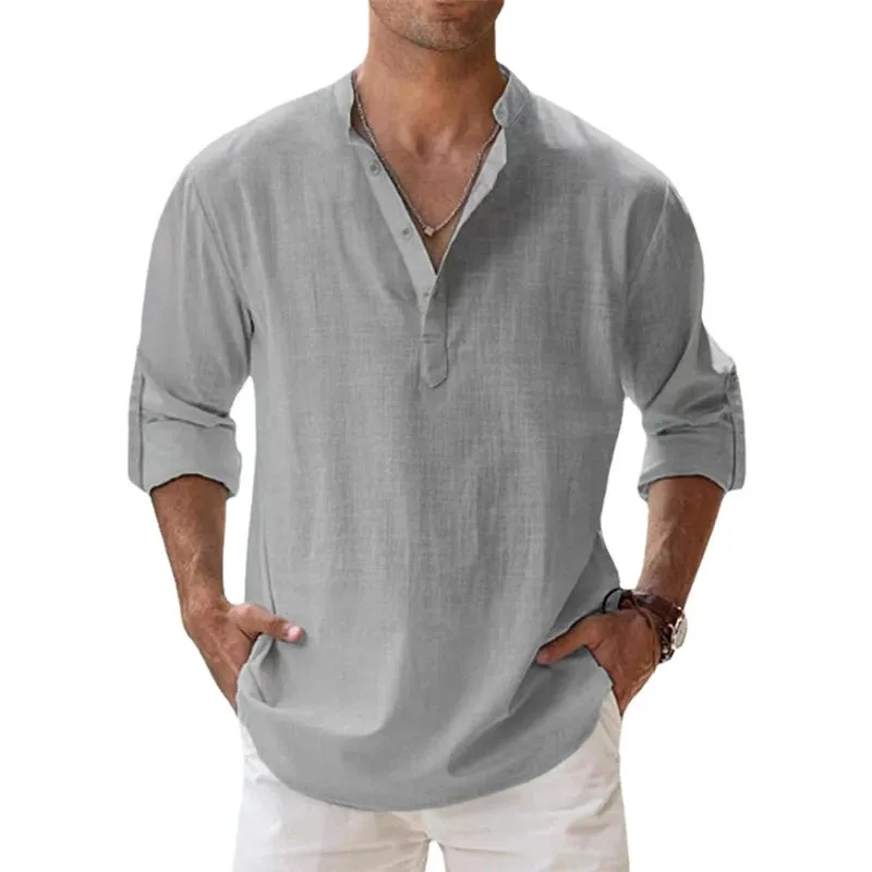 West Louis™ Designer Linen Long Sleeve Henley Beach Shirts