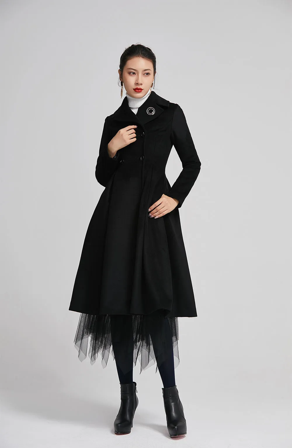 winter black women coat with double breasted and pockets 2258