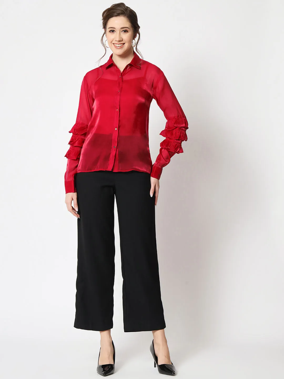 Women Classic Spread Collar Ruffled Red Party Shirt