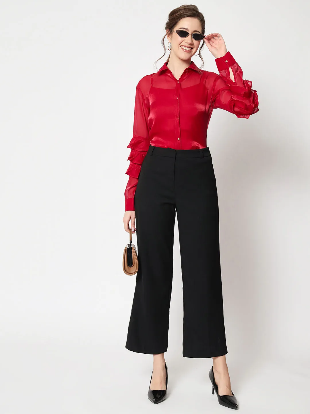 Women Classic Spread Collar Ruffled Red Party Shirt