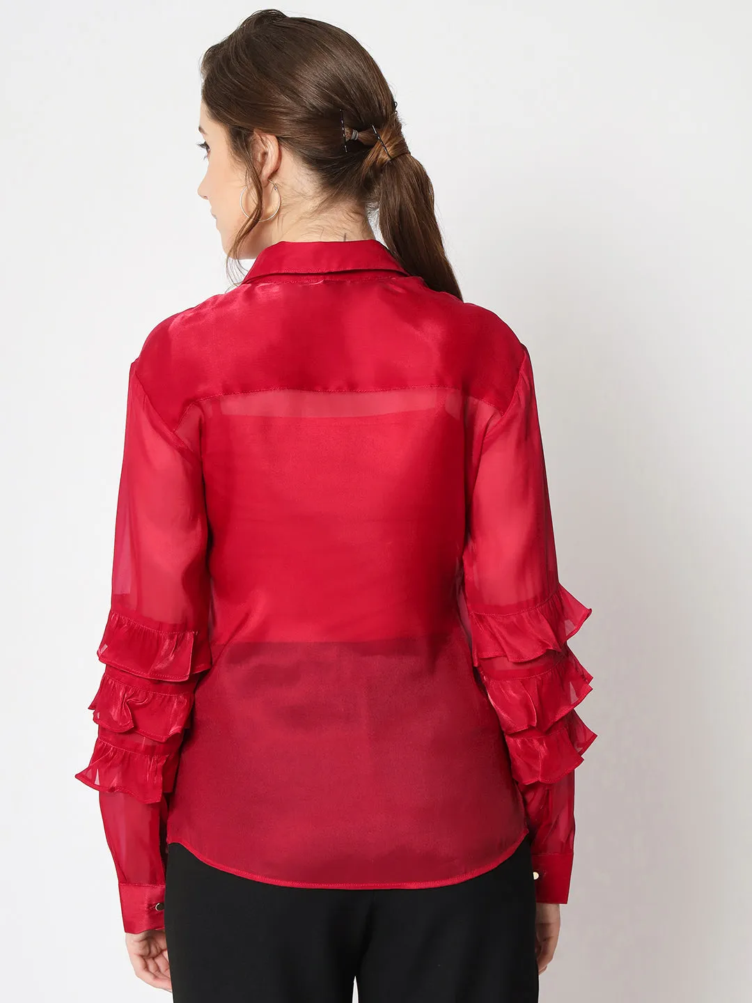 Women Classic Spread Collar Ruffled Red Party Shirt