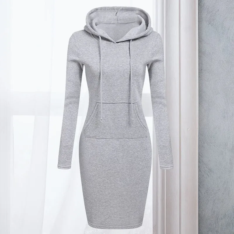 Women Stripes Pocket Knee Length Slim Casual Pullover Hoodie Dress