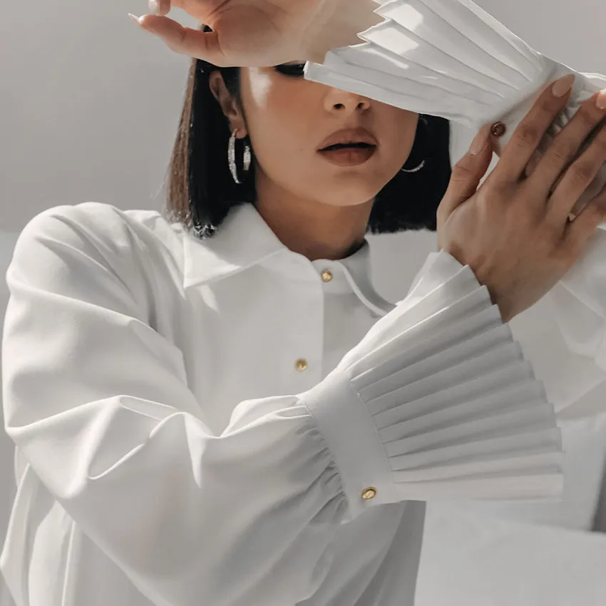 Women's Autumn Fashion Bell Sleeve White Collared Office Shirt