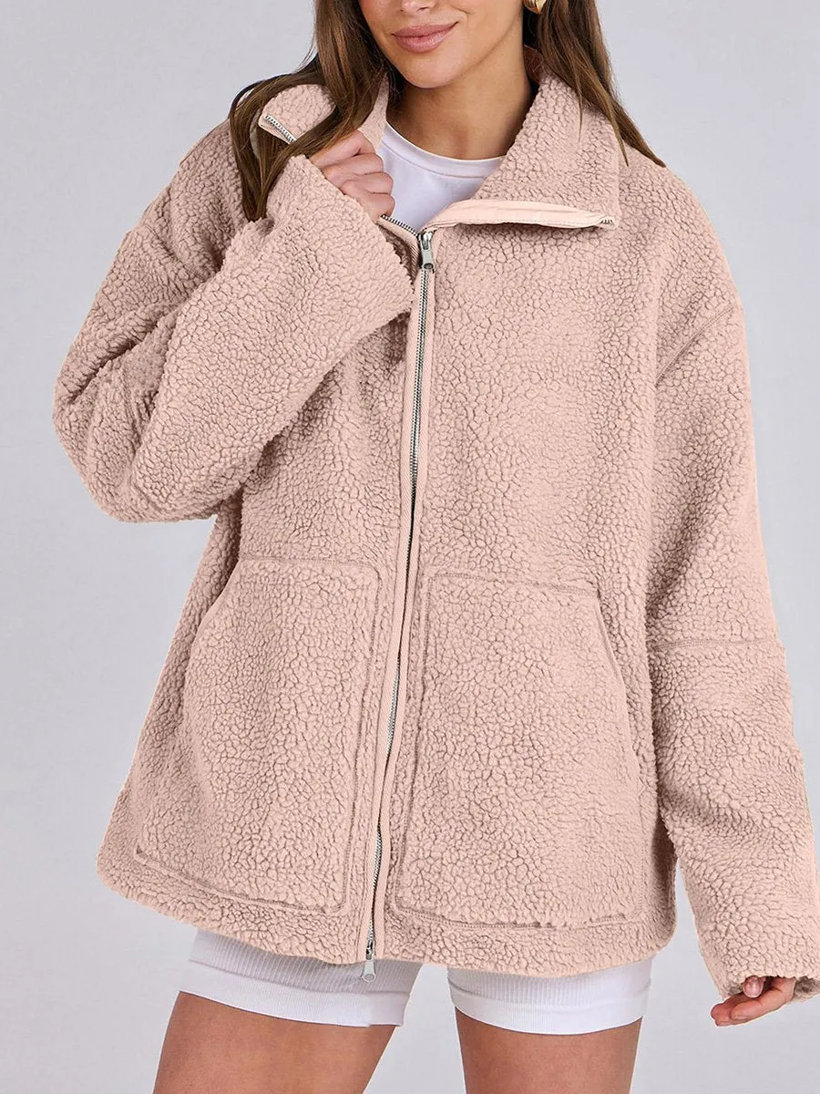 Women's Solid Color Lamb Wool High Collar Wool Coat