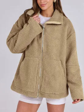 Women's Solid Color Lamb Wool High Collar Wool Coat