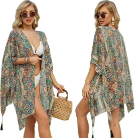 Women's Tops Floral Loose Tassels Coverups Beach Swim Bikini Kimono Cardigan Bathing Suit Cover Ups Blouse Swimwear Resort Wear