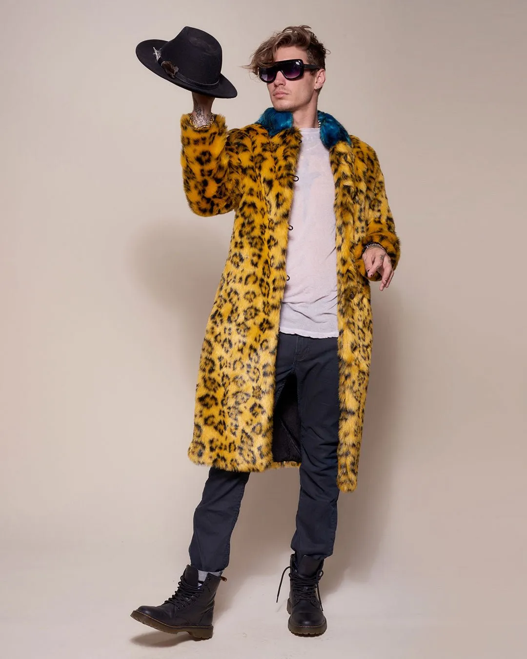 Yellow Cheetah Calf Length Faux Fur Coat | Men's