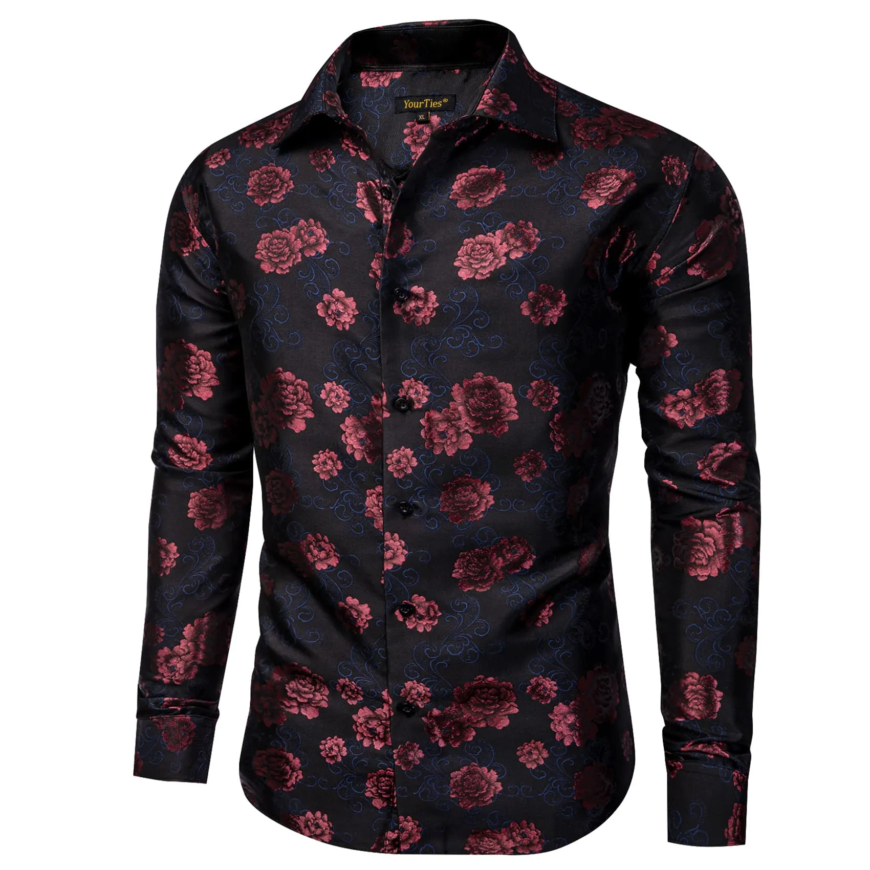 YourTies Black Shirt Cordovan Red Roses Men's Long Sleeve Floral Shirt