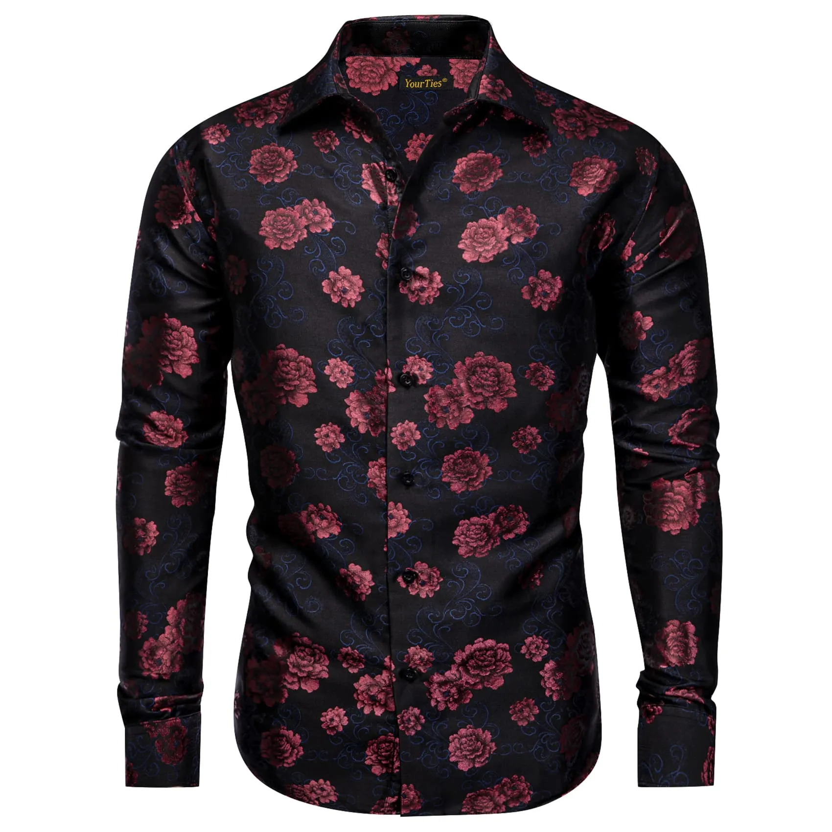 YourTies Black Shirt Cordovan Red Roses Men's Long Sleeve Floral Shirt