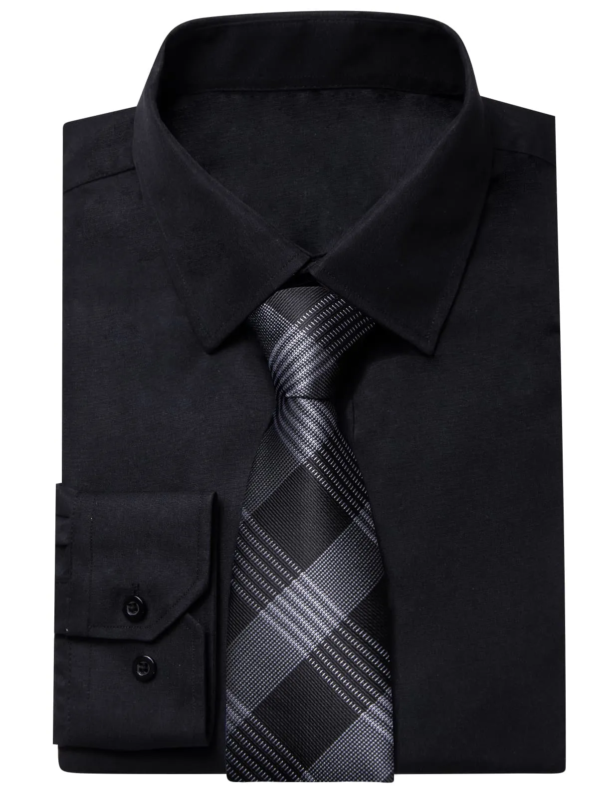 YourTies Black Solid Long Sleeve Shirt with Black Grey Plaid Silk Tie for Men