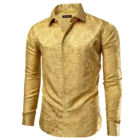 YourTies Satin Sheen Gold Long Sleeve Floral Jacquard Mens Dress Shirt