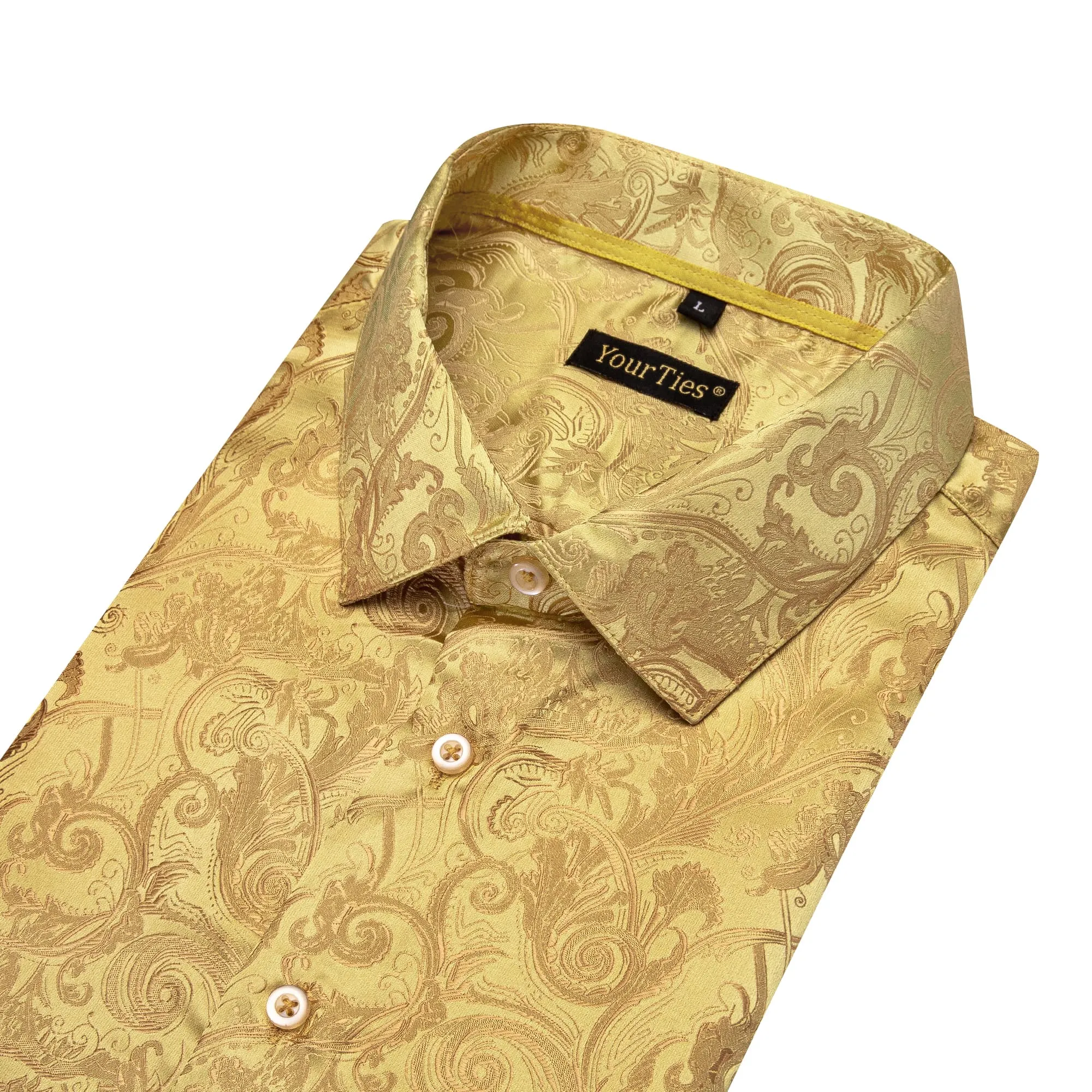 YourTies Satin Sheen Gold Long Sleeve Floral Jacquard Mens Dress Shirt