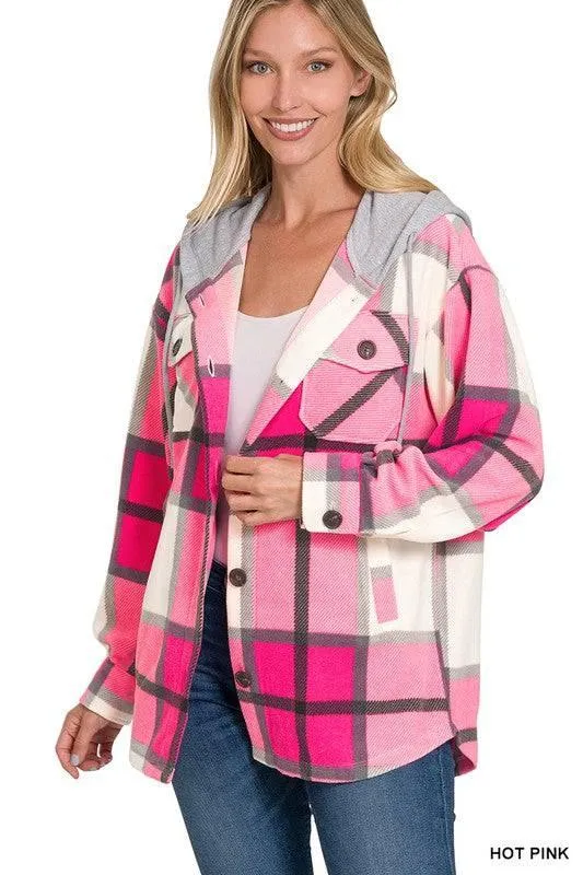 Zenana plaid hooded fleece shacket