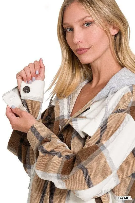 Zenana plaid hooded fleece shacket