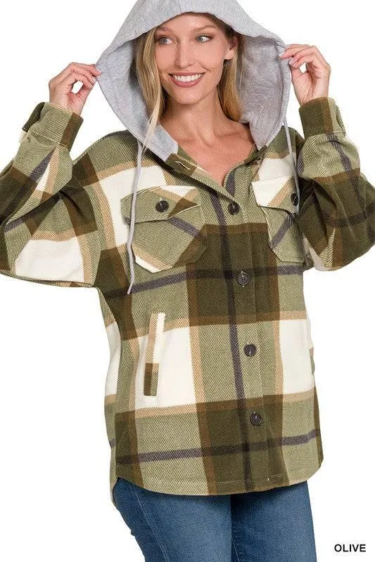 Zenana plaid hooded fleece shacket